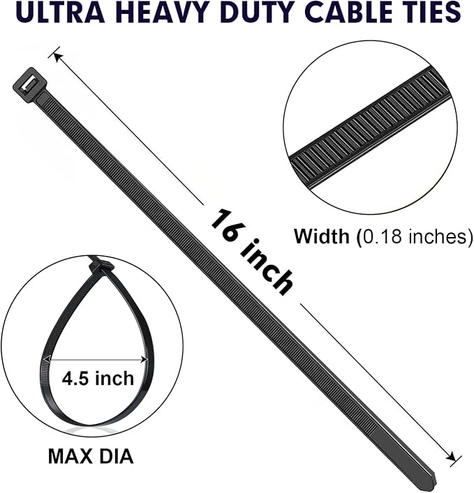 Zip Ties, RAZCC 1200pcs Black Cable Zip Ties 16 Inch, Heavy Duty Plastic Wire Ties with 50lb Tensile Strength, Self-Locking Black Nylon Tie Wraps for Indoor and Outdoor