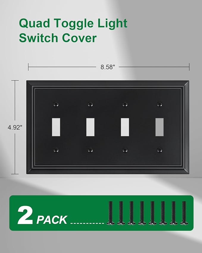 2-Pack Quad Toggle Light Switch Cover Plate, Black Decorative Switch Plate Covers, Natural Bamboo Fiber 4 Gang Wall Plate for Toggle Switch and Rotary Dimmer Switch