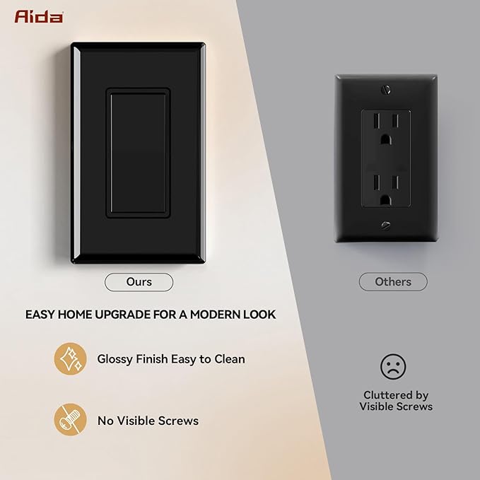 AIDA 1-Gang Screwless Light Switch Cover Plate, Standard Decorative Outlet Covers - Glossy Black, 10-Pack Unbreakable Polycarbonate Wall Plates for Decorator Device, UL Listed, 4.5" H x 2.75" L