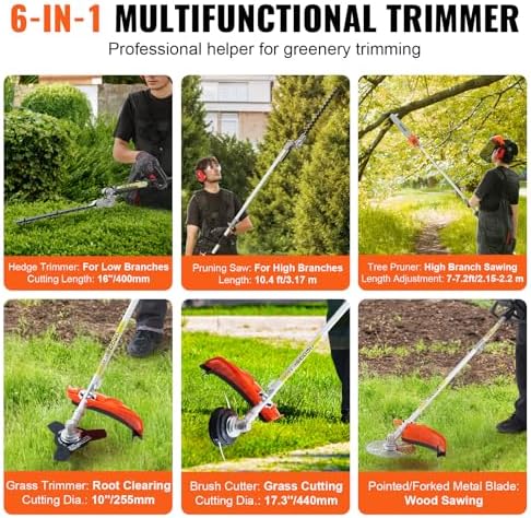 VEVOR 52cc Gas-Powered 6-in-1 Multi-Functional Trimmer - Hedge Trimmer, Brush Cutter, Weed Eater, Edger, Pole Saw & Chainsaw Pruner, EPA, CE & EMC Certified