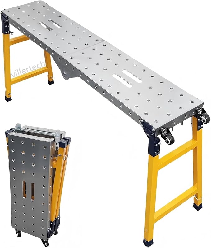 Folding Scaffolding Platform 1100 Lbs Height Adjustable Anti Slip Steel Step Ladder Stool with Galvanized Coating Anti-Slip Feet for Construction Car Washing Roof Snow Removal（59" Wide）