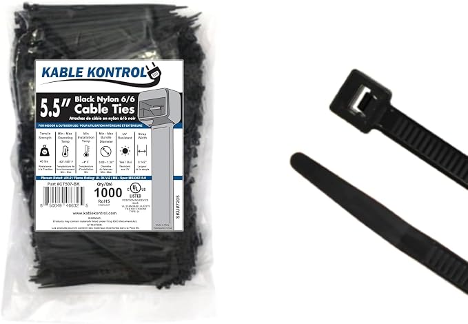 Kable Kontrol Cable Zip Ties 1000 Pcs 5.5 Inch Black, 40 Lbs Tensile Strength, Self-Locking UV Resistant Plastic Nylon Wire Ties, for Indoor or Outdoor Use