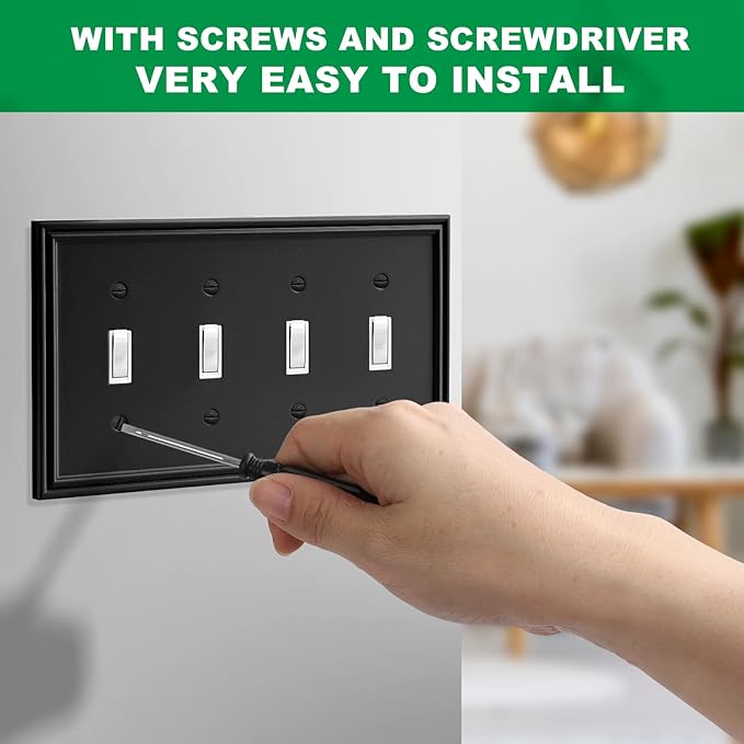 Black Modern Decorative Wall Plate Light Switch Cover Decorator Outlet Covers Rocker Switch Plates Bamboo Fiber Material Wall Plates for Kitchen Bathroom (4 Gang Quad Toggle-1 Pack)