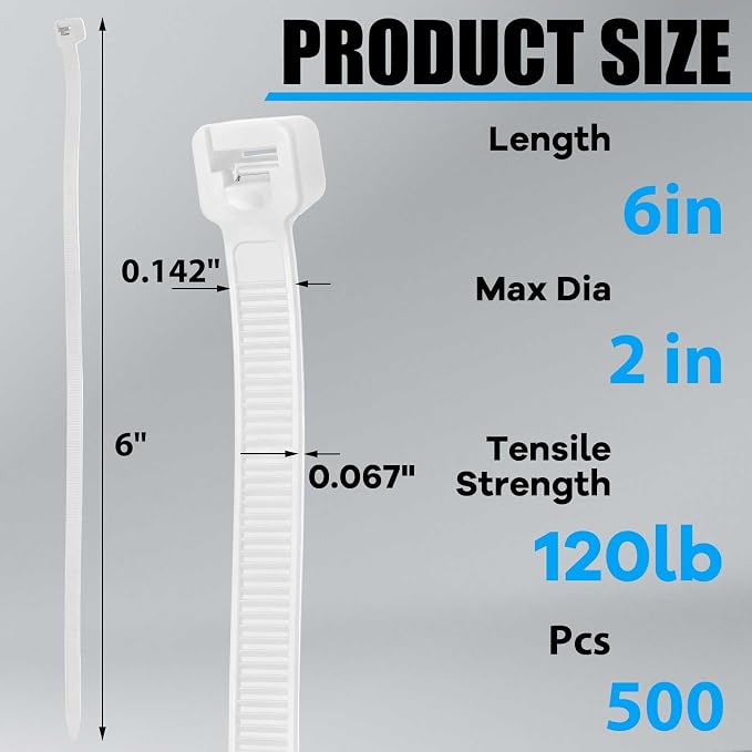 Reallnaive 500 Pcs 6 Inch Zip Ties Heavy Duty 120 Lbs Tensile Strength White Nylon Wire Cable Ties Bulk for Indoor Outdoor