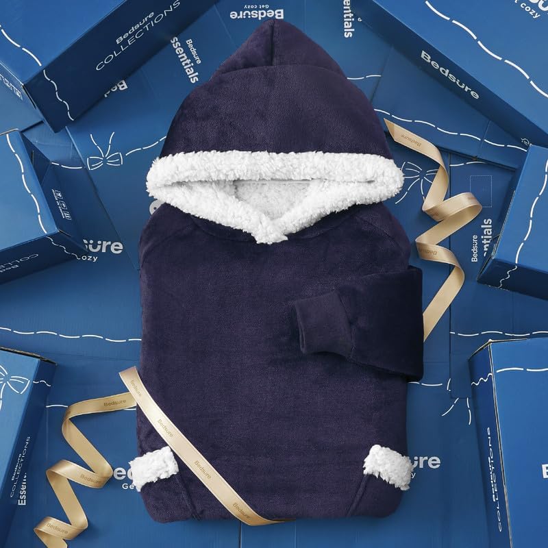 Bedsure Wearable Blanket Hoodie, Long Hooded Blanket Sweatshirt as Birthday Gifts for Women, Cozy Sherpa Hoodie for Adult, Standard, Dark Purple