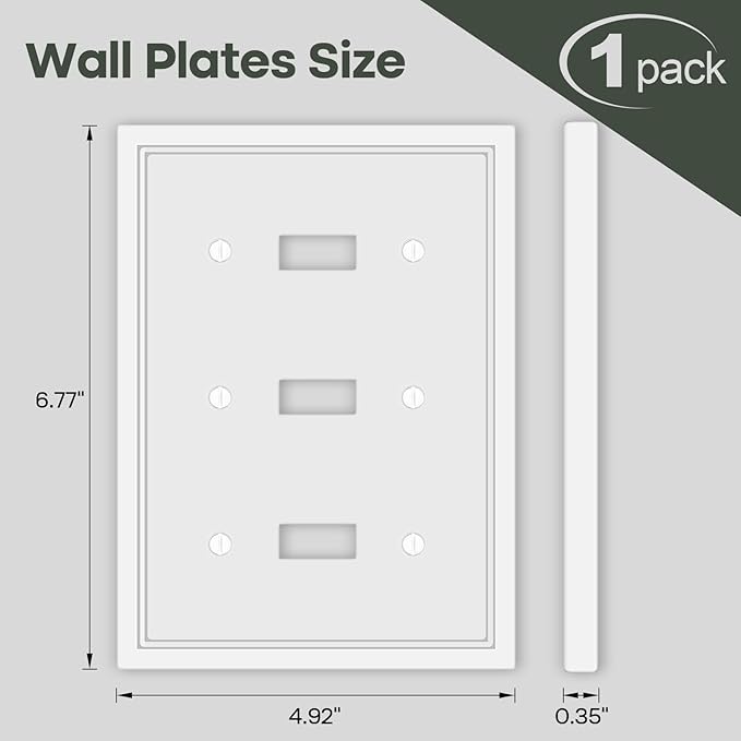 Triple Toggle Light Switch Cover Plate White Classic Decorative Light Switch Plates Cover 3-Gang Wall Plate Cover