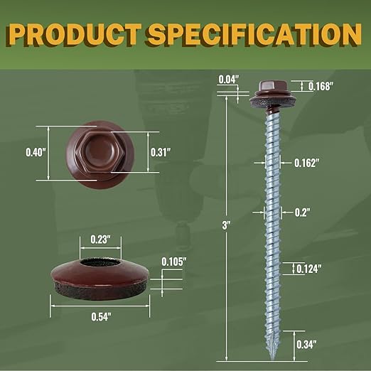 LIONMAX Metal Roofing Screws #10 × 3 Inch, 300-PCS, Brown Painted Hex Head Sheet Metal Roof Screws, Rubber Washer, Sharp Point, Metal to Wood Siding Screws, Hex Socket Included