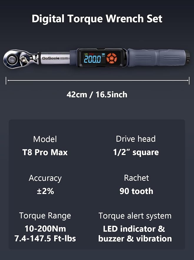 Goseek Upgraded Rechargeable Digital Torque Wrench 90 Tooth, 7.4-147.5 Ft-lbs/10-200Nm, 1/2'' Drive Electric Torque Wrench with Buzzer & LED & Vibration for Motorcycle Car Tires Repair