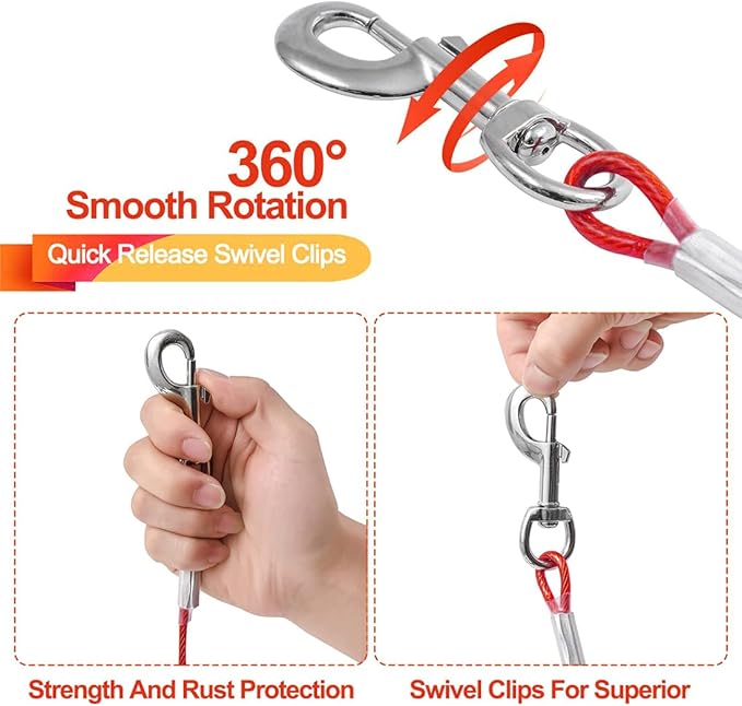 Tie Out Cable for Dogs,10/20/30/50/100FT Dog Leads for Yard Chew Proof,Heavy Duty Tie Out Cable for Large Dogs Up to 125lbs,Dog Runner Tether (Red, 125Ibs 20ft)