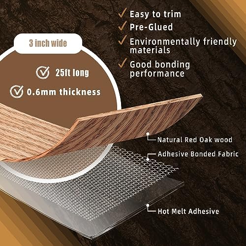 GSCIT Club Red Oak Edge Banding, 3 inch x 25ft roll of Veneer Edge Banding Pre-glued Flexible, Real Wood Tape for Cabinet Repair & Furniture Restoration