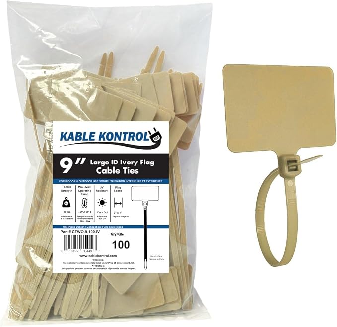 Kable Kontrol Cable Marker Identification Zip Ties 9 Inch 100 Pcs – Ivory | Large ID Flag Label Straps, Self-Locking Write on Tags for Ethernet, Power, and Cord Labeling