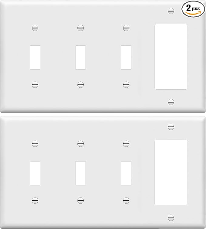 ENERLITES Combination Triple Toggle/Single Decorator Rocker Outlet Wall Plate, Standard Size 4-Gang Light Switch Cover (4.50" x 8.19"), Polycarbonate Thermoplastic, UL Listed，881331-W-2PCS, White