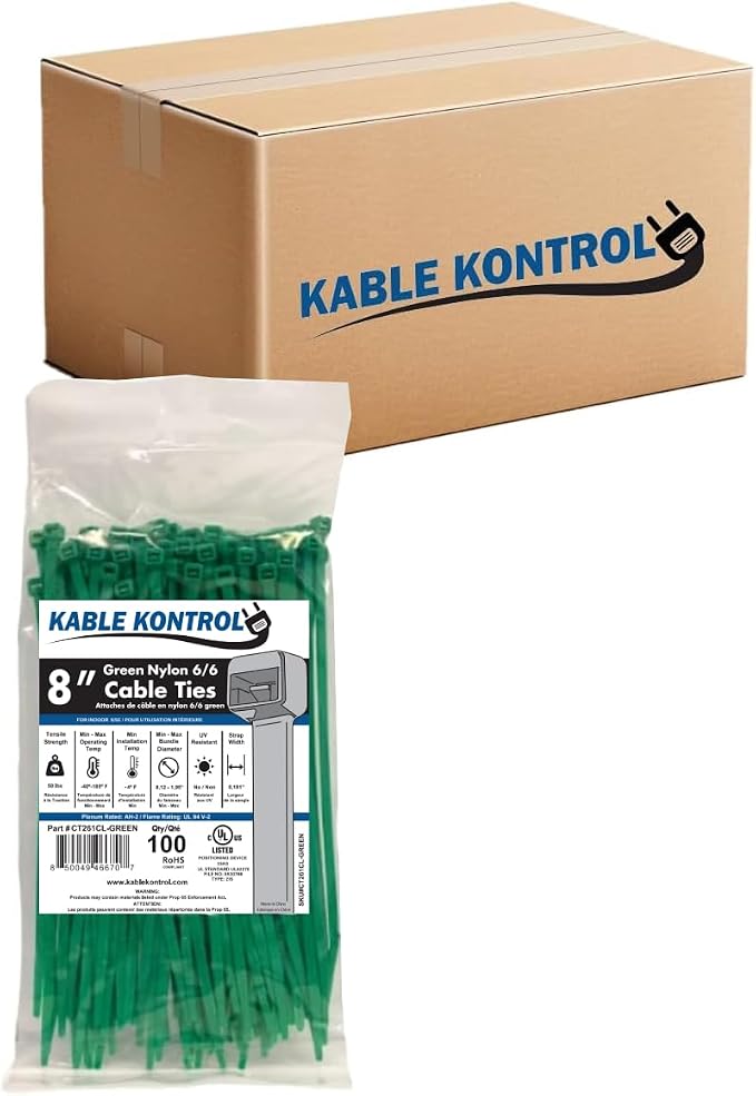 Kable Kontrol Cable Zip Ties, 8 Inch, 10000 Pcs, 50lbs Test, Green | Nylon Plastic, Self Locking, UL Listed, Indoor Use