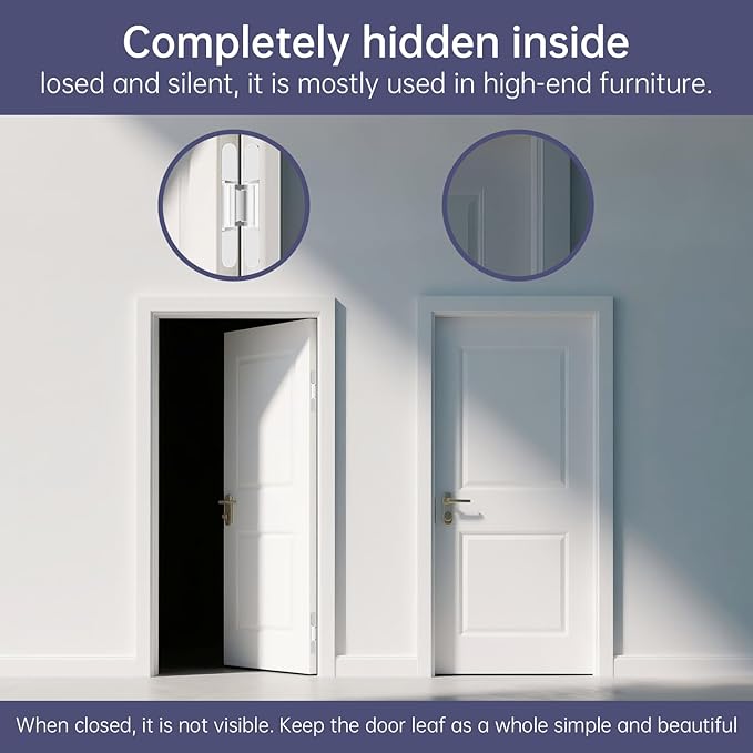 4-Pack 7 inch Hidden Hinges for Doors Invisible Hinges Concealed Zinc Alloy 180 Degree Swing 3 Way Adjustable Butt Silent Door Hinge 7 x 2.8 x 1 inch (Silver)