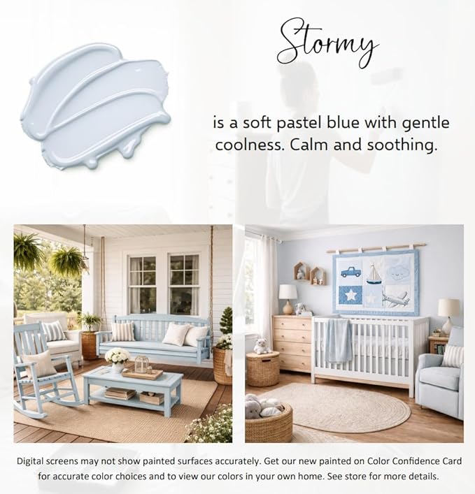 ALL-IN-ONE Paint by Heirloom Traditions, Stormy (Pastel Blue), 8oz Sample - Durable cabinet and furniture paint. Built in primer and top coat, no sanding needed. Includes our 30 featured color card.