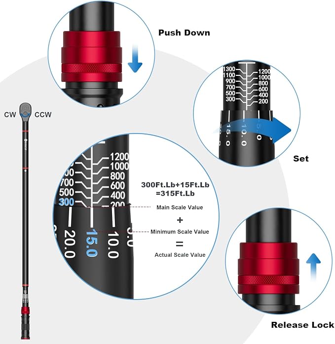 1-inch Drive Click Torque Wrench, 200-1300Ft-Lb/271-1761.5Nm | Heavy Duty, ±3% Accuracy Torque Wrench, Professional, Dual Direction Adjustable, 48-Tooth, for Wind Turbines, Truck Repair