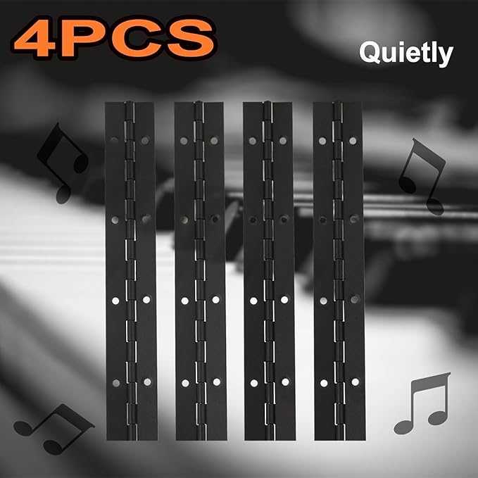 4Pcs 12'' Black Continuous & Piano Hinges, Heavy Duty Stainless Steel 304 Continuous Hinge with Hole for Mailbox, Wood Furniture Tool/Storage Boxes, Cabinets Door, Piano