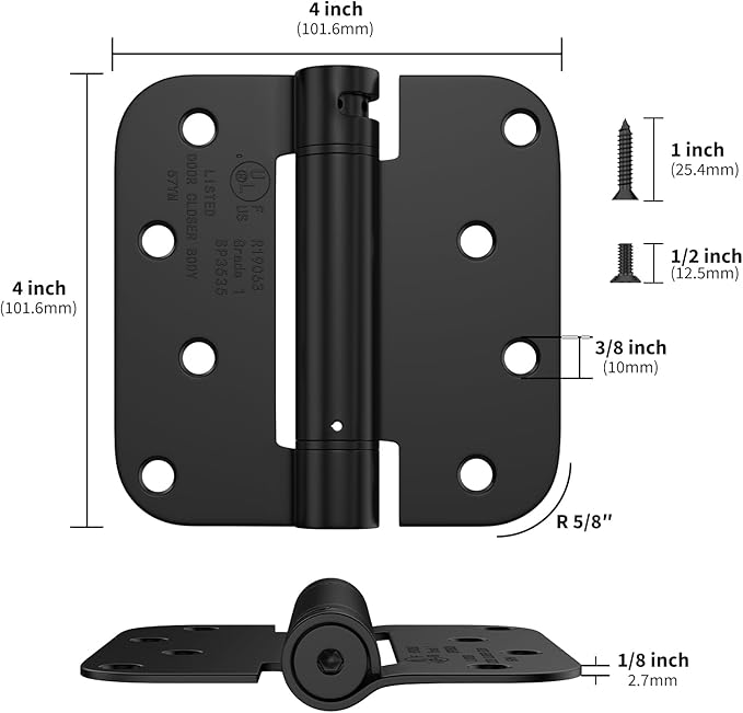 goldenwarm Black Self Closing Door Hinges 4 Pack, 4 inch x 4 inch Spring Loaded Door Hinges with 5/8" Radius Corners