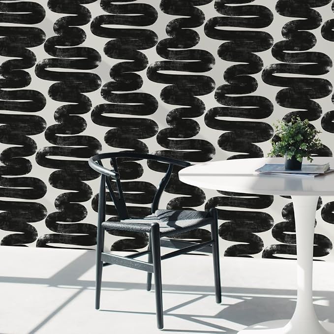 Tempaper x Bobby Berk White & Black Wiggle Room Removable Peel and Stick Wallpaper, 20.5 in X 33 ft, Made in The USA