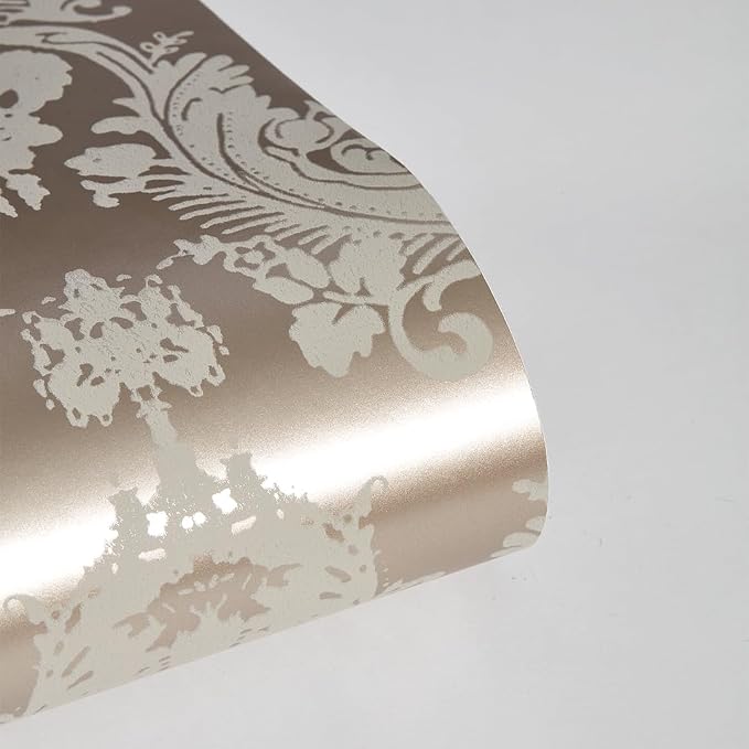 Tempaper Textured Beige Damsel Removable Peel and Stick Damask Wallpaper, 20.5 in X 16.5 ft, Made in the USA