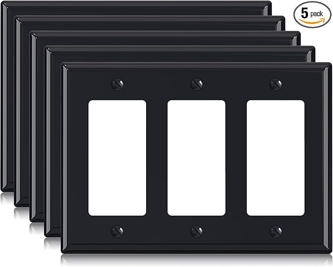 ELEGRP 3-Gang Decorative Wall Plates, Standard Size 4.53" H x 6.39" L Unbreakable Thermoplastic Faceplate Cover for Decorator Receptacle Outlet Switch, UL Listed (5 Pack, Glossy Black)