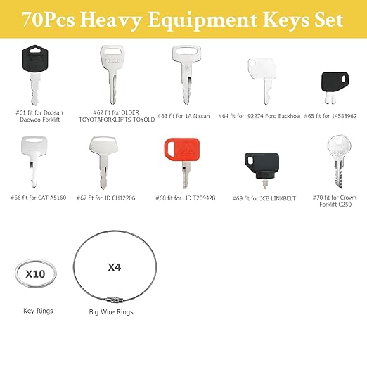 70 Heavy Equipment Keys Master Set, Machine Keys for Cat Caterpillar John Deere Komatsu Volvo Bobcat Kubota JCB Sany Terex Case Hyster Yanmar Takeuchi New Holland Construction Equipment Machinery