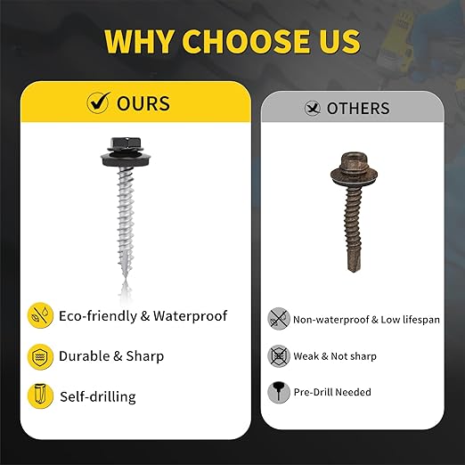 Metal Roofing Screws #10 × 1", 300 PCS, FIXLINK Baking Paint Hex Head Rubber Washer Sheet Metal Roof Screws Self Tapping Metal to Wood Siding Screws, Hex Socket Included, Black