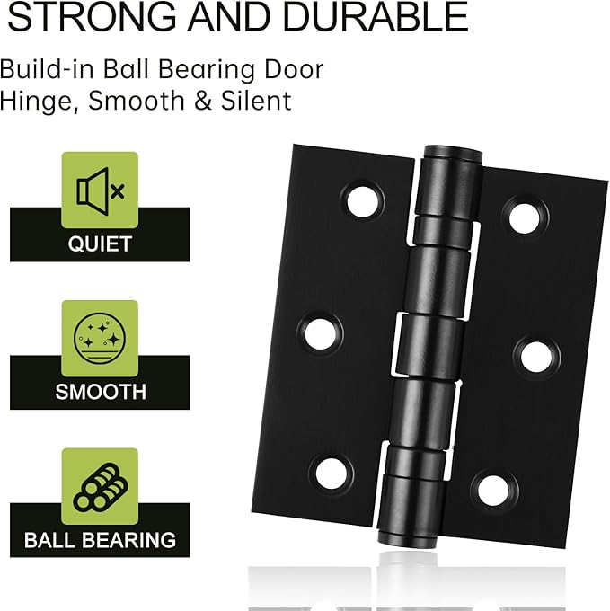 3in Ball Bearing Door Hinges 3 Pack, Small Black Heavy Duty Stainless Steel Hinges for Interior Exterior Doors, with Stainless Steel Screws, Max Loading 100LBs/Set, Black Matte