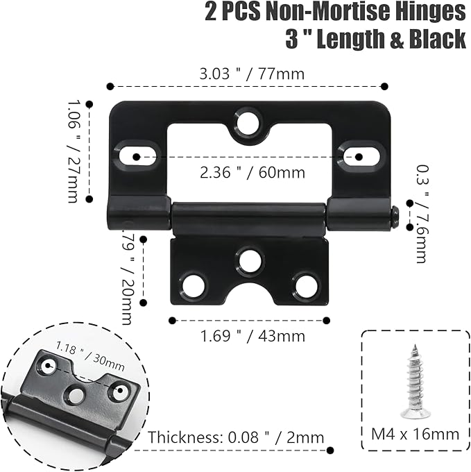 2PCS Non-Mortise Hinges 3 inch Black Door Hinges with Mounting Screws, Chest Hinges Heavy Duty Bifold Door Hinges Iron Cabinet Hinges, Precision Butt Hinge for Furniture Windows Cupboard