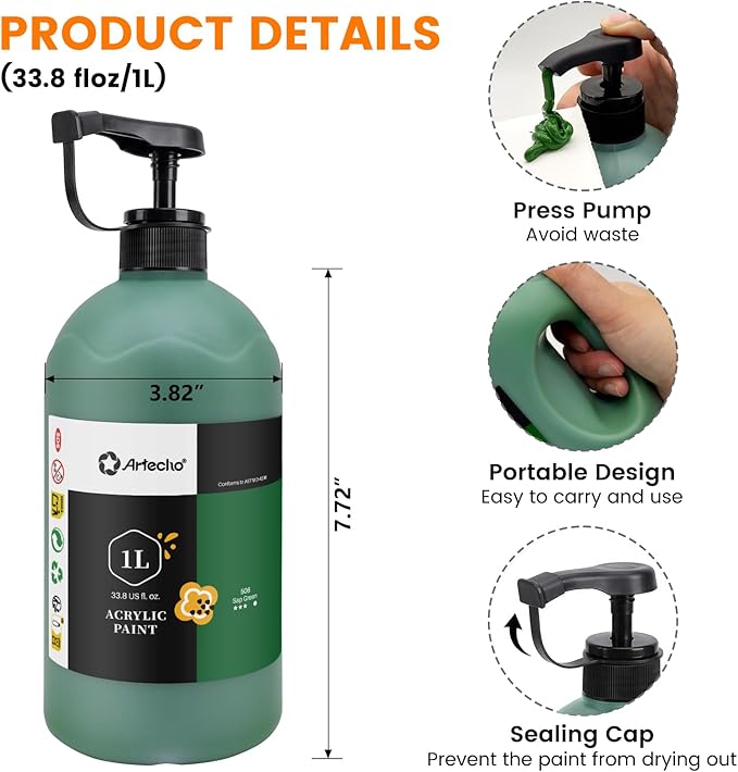 Artecho Sap Green Acrylic Paint 1000ml (33.8 fl oz) with Pump Dispenser – High Pigment for Exceptional Coverage, Large Bottle Craft Paint for Canvas, Wood, Rocks, Fabric, Ceramic – Non-Toxic