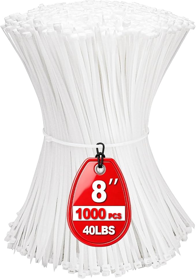 Zip Ties 8 inch, White Zip Ties 1000 Pack, Self-Locking Cable Ties with 40 Pounds Tensile Strength, Plastic Wire Ties for Indoor and Outdoor Use.