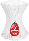 Zip Ties 8 inch, White Zip Ties 1000 Pack, Self-Locking Cable Ties with 40 Pounds Tensile Strength, Plastic Wire Ties for Indoor and Outdoor Use.