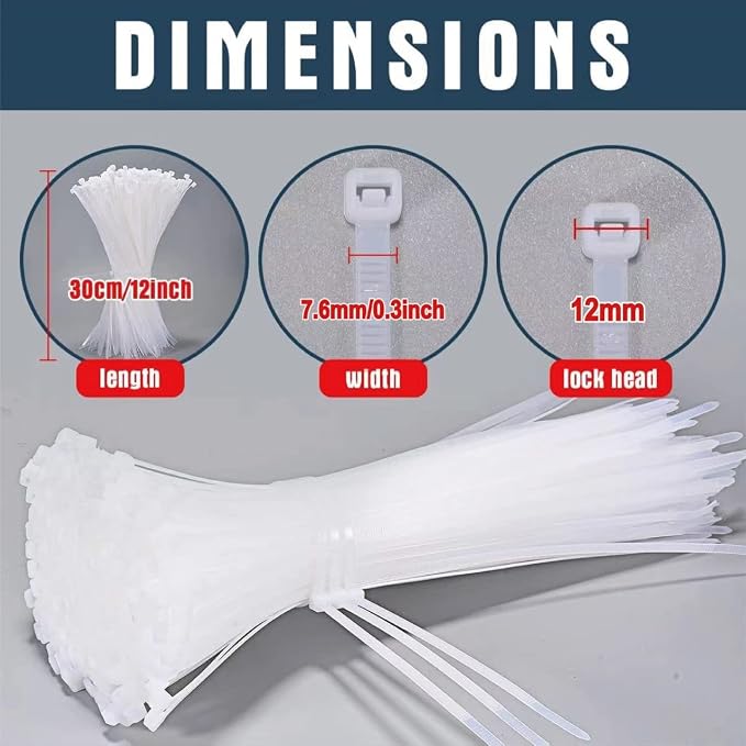 White Zip Ties 12 Inch Heavy Duty 120 Pounds Tensile Strength UV Resistant Cable Ties Self Locking Wide Industrial 12" Zipties Bulk Nylon Wire Ties Wraps 0.3 Inch Width Outdoor Use 1000 Pack