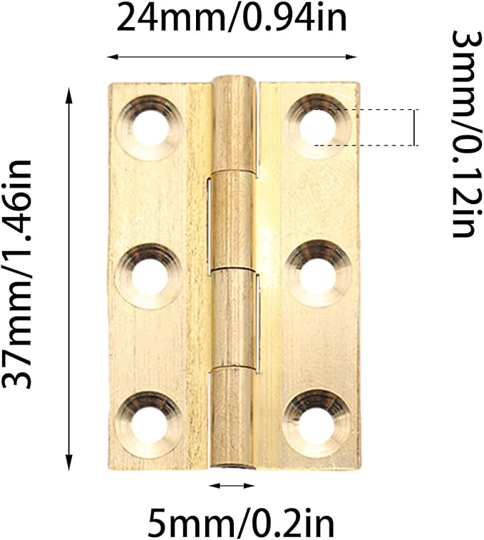 8 Pcs 24mmx37mm / 0.94" x 1.46" Gold Mini Hinges, 1.5 Inch Solid Brass Folding Butt Hinge, Cabinet Hinge for Jewelry Box, Drawer Cabinet Furniture