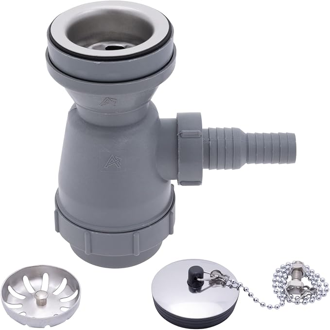 Ambassador Marine - 2 inch Drain, Trap Sink Drain, 3/4 inch & 1 inch Hose Barb, w/Strainer, w/Chain Stopper - Ultra-Mirror Finish - S00-1108-UP-W