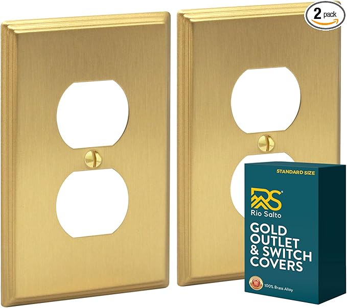 Rio Salto Duplex Outlet Cover Receptacle Wall Plate Electrical Outlet Covers BRASS Brushed Gold Metal Decorative Wall Plate — Deco Collection 4.50" X 2.75"