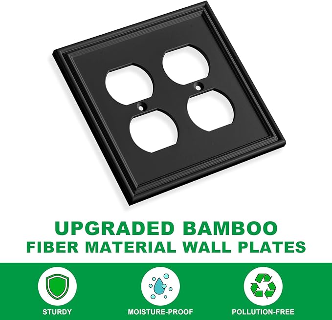 Black Modern Decorative Wall Plate Light Switch Cover Decorator Outlet Covers Rocker Switch Plates Bamboo Fiber Material Wall Plates for Kitchen Bathroom (2 Gang Duplex-2 Pack)