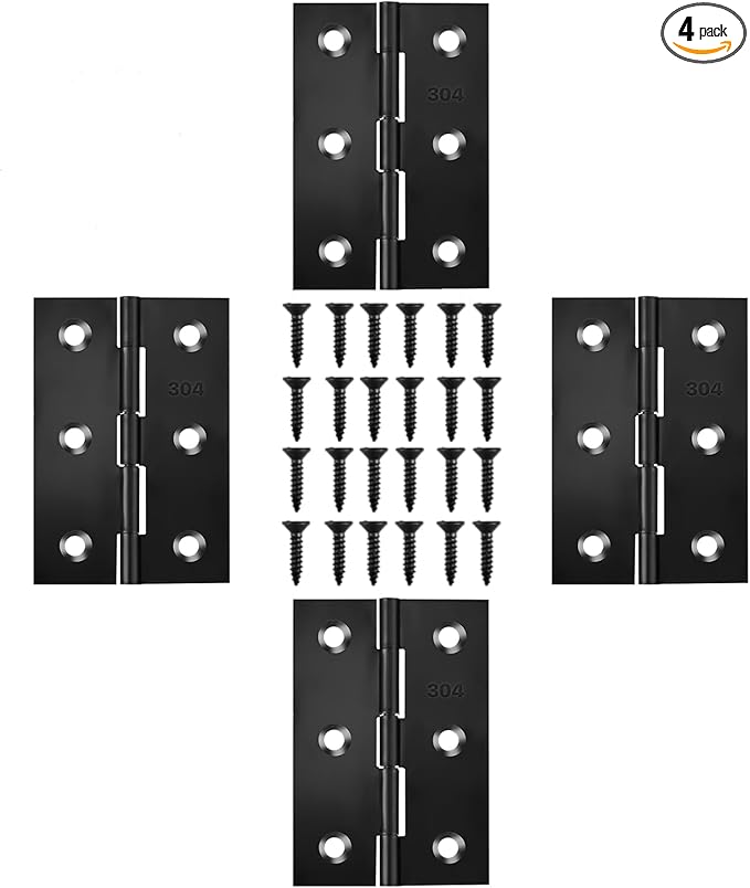 Black Door Hinges, 3 Inch Black Hinges for Furniture Door Window Case Lid and Wooden Box Chest, Pack of 4 with 24 Screws
