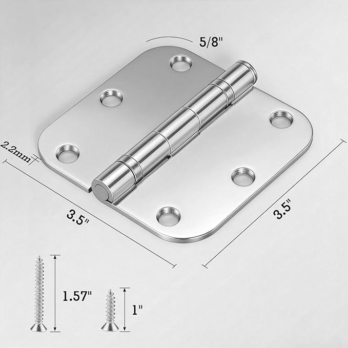 3 Pack Rounded Polished Chrome Door Hinges 3.5 Inch 5/8" Radius No Squeak Ball Bearing Interior 3-1/2"Flat Iron Bifold Residential Standard Bedroom Indoor for Doors 3 ½" Hardware Control Home Decor