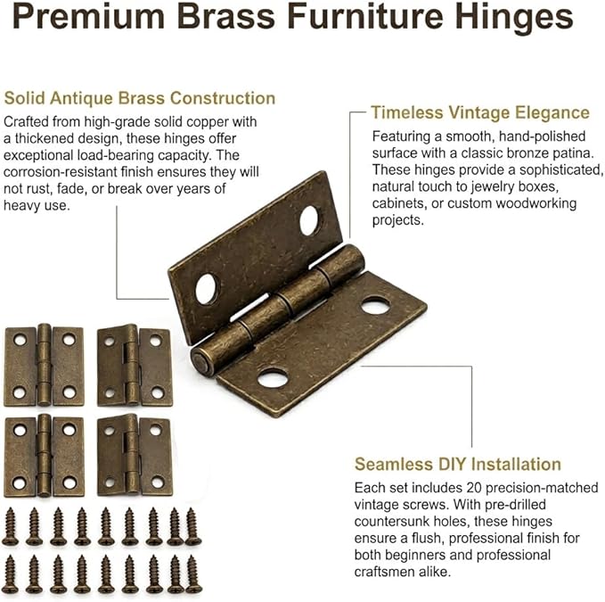 4 Pcs Mini Brass Hinges for Wooden Boxes, Small Folding Butt Hinges for Jewelry Box, Cabinet, Drawer and Craft Projects, Durable Decorative Hinges with Screws(20cps) for DIY Cases and Furniture