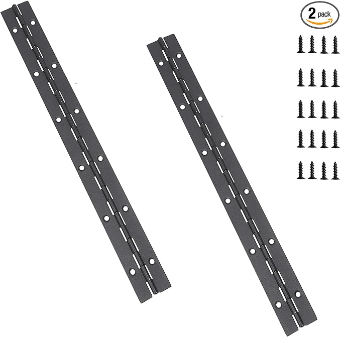 12 Inch Black Continuous Piano Hinges 2 Pack, Heavy Duty Stainless Steel Furniture Hinges 0.05" Thickness 1.2" Open Width with 24 Mounting Screws for Folding Cabinet Doors