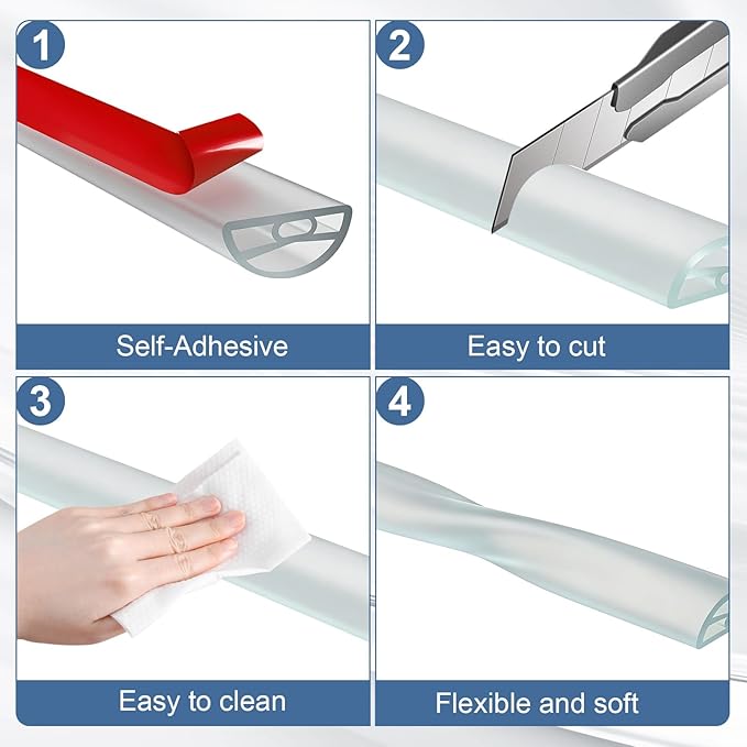 Silicone Shower Water Dam Stopper,Self-Adhesive Collapsible Splash Guard for Wet Dry Separation,Walk-in Shower Edge Seal Strip,Multi-Use Water Barrier for Bathroom,Kitchen Sink (Transparent, 118inch)