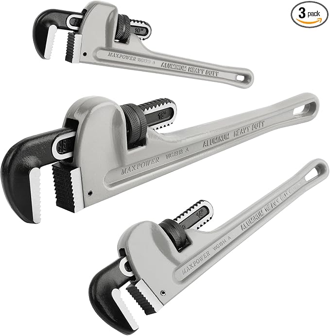 MAXPOWER Pipe Wrench Set 10" 14" 18", with 1" 2" 2.5" Jaw Capacity | Aluminum Plumber Wrenches, Straight Plumbing Wrench