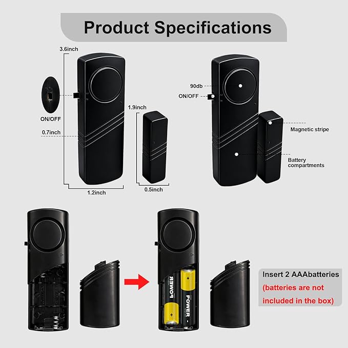 Door Window Alarm - 90dB Loud Home Security Sensor for Kids Safety, Burglar Alert for House, Apartment, Office, Hotel & Pool Window, Black (2 Pack)