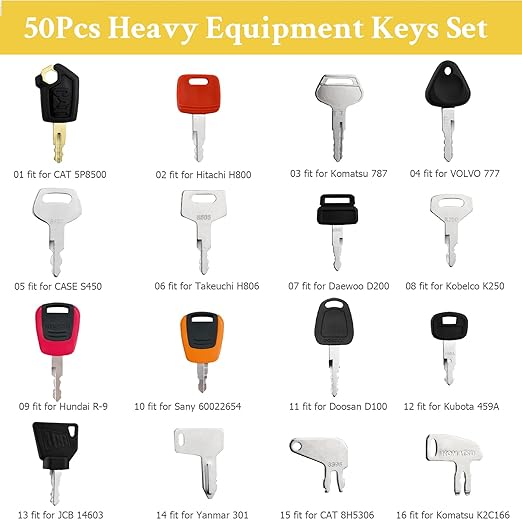 50 Heavy Equipment Keys Master Set, Construction Machine Keys Set for Caterpillar Cat John Deere Komatsu Volvo Bobcat Kubota JCB Case New Holland Hitachi Hyster Yanmar Takeuchi