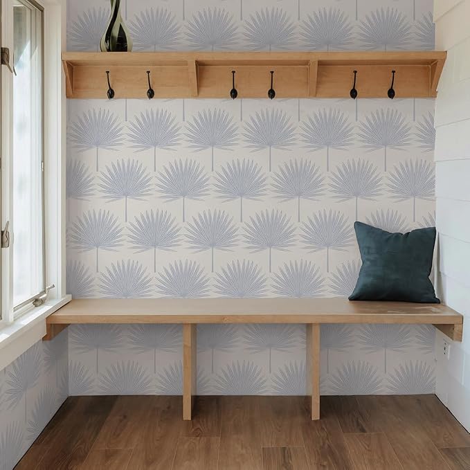 Tempaper Powder Blue & Off-White Stamped Palm Removable Peel and Stick Boho Wallpaper, 20.5 in X 16.5 ft, Made in the USA