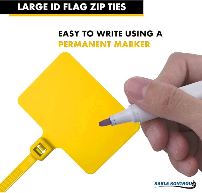 Kable Kontrol Cable Marker Identification Zip Ties 9 Inch 100 Pcs – Yellow | Large ID Flag Label Straps, Self-Locking Write on Tags for Ethernet, Power, and Cord Labeling