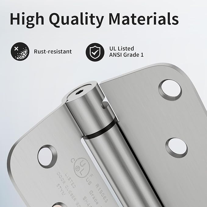 2 Pack Self Closing Door Hinges, 4 Inch Spring Loaded Door Hinges with 5/8'' Radius Corners, Adjustable Tension for Garage, Front, Back Door, UL Listed, Left and Right Hand, Brushed Nickel