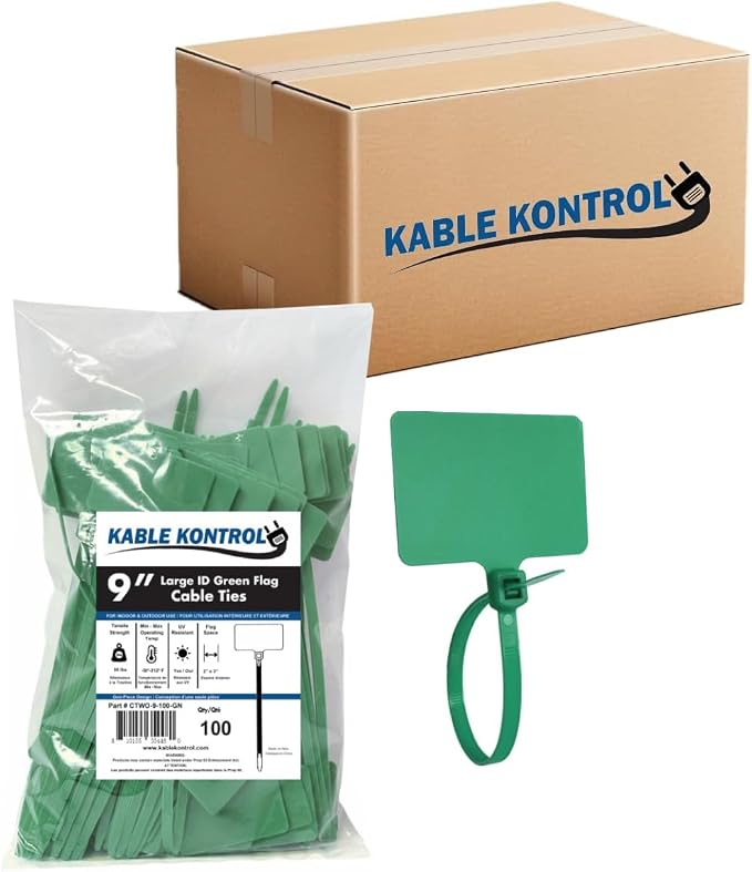 Kable Kontrol Cable Marker Identification Zip Ties 9 Inch 1000 Pcs – Green | Large ID Flag Label Straps, Self-Locking Write on Tags for Ethernet, Power, and Cord Labeling