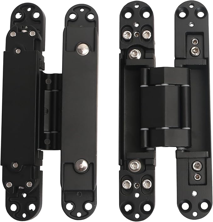 4-Pack 7 inch Black Hidden Door Hinges, Heavy Duty Zinc Alloy Concealed Hinges, Invisible 180 Degree Swing Hinge, 3 Way Adjustable Butt Hinge